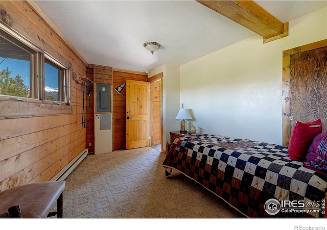 47 County Road 471, Grand Lake, CO 80447 - carpeted bedroom with wooden walls, baseboard heating, beamed ceiling, and electric panel