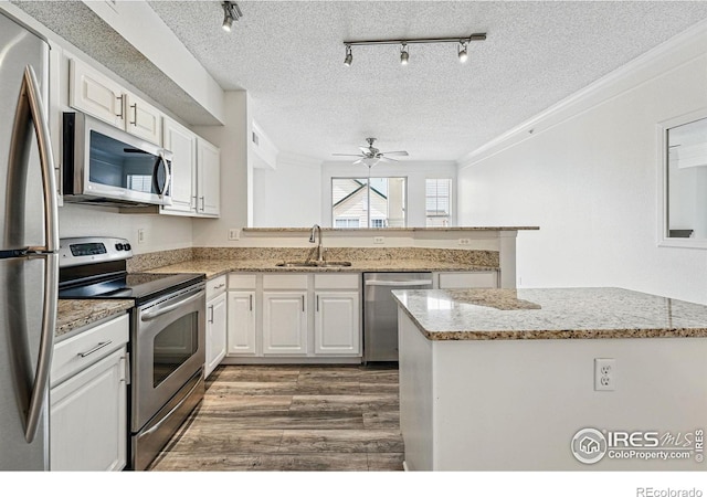 1837 Spaulding Cir, Superior, CO 80027 - kitchen featuring stainless steel appliances, a sink, a textured ceiling, ornamental molding, and a ceiling fan