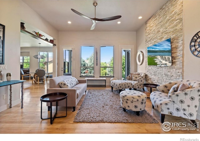 5112 Daylight Ct, Fort Collins, CO 80528 - living room featuring wood finished floors, recessed lighting, and a ceiling fan