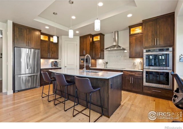 5112 Daylight Ct, Fort Collins, CO 80528 - kitchen featuring stainless steel appliances, a sink, wall chimney range hood, a raised ceiling, and recessed lighting