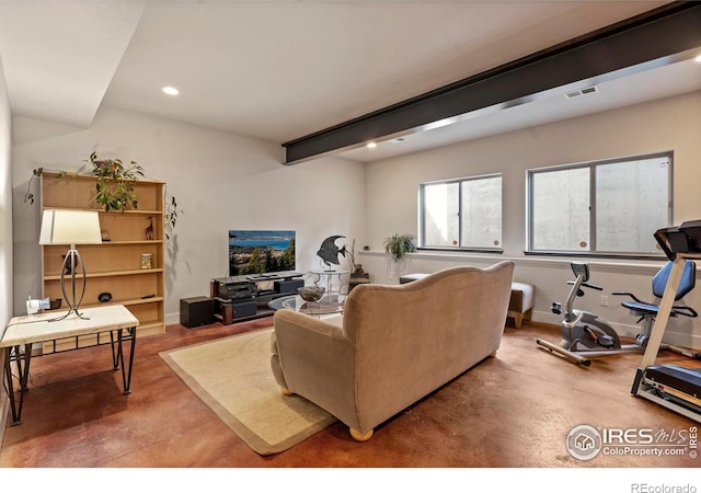 5112 Daylight Ct, Fort Collins, CO 80528 - living room with recessed lighting, concrete flooring, and beamed ceiling