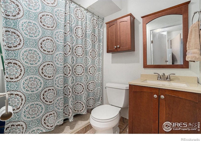 4117 Shannon Dr, Laporte, CO 80535 - bathroom featuring vanity, toilet, and curtained shower
