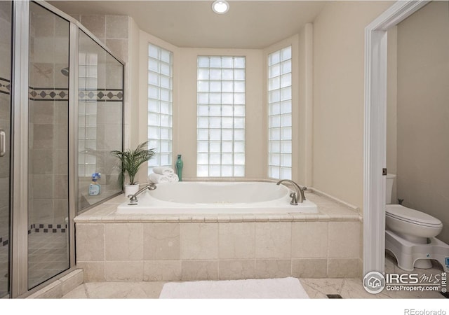 13 Blue Heron Dr, Thornton, CO 80241 - bathroom with toilet, a garden tub, a shower stall, and recessed lighting