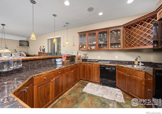 13 Blue Heron Dr, Thornton, CO 80241 - kitchen featuring dishwasher, a sink, tile countertops, glass insert cabinets, and hanging light fixtures