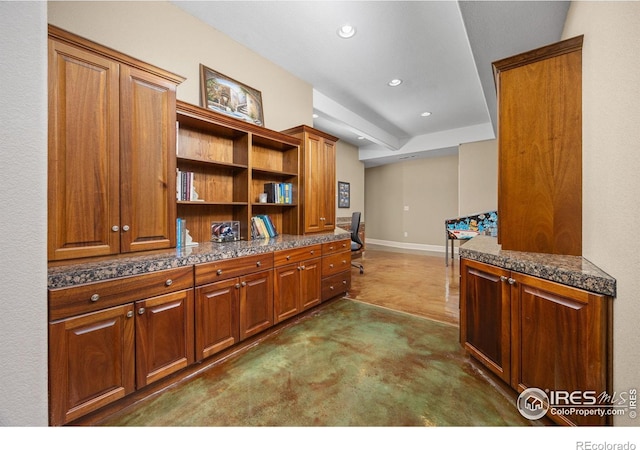 13 Blue Heron Dr, Thornton, CO 80241 - kitchen featuring baseboards, open shelves, recessed lighting, brown cabinetry, and an office area