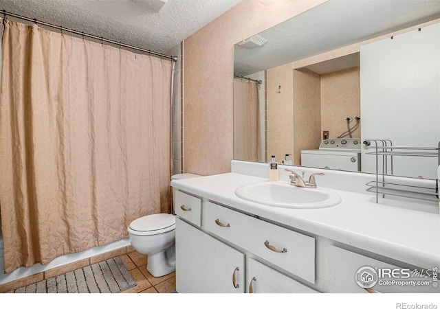 2525 S Dayton Way Unit 2301, Denver, CO 80231 - full bath with washer / clothes dryer, toilet, vanity, tile patterned flooring, and a textured ceiling
