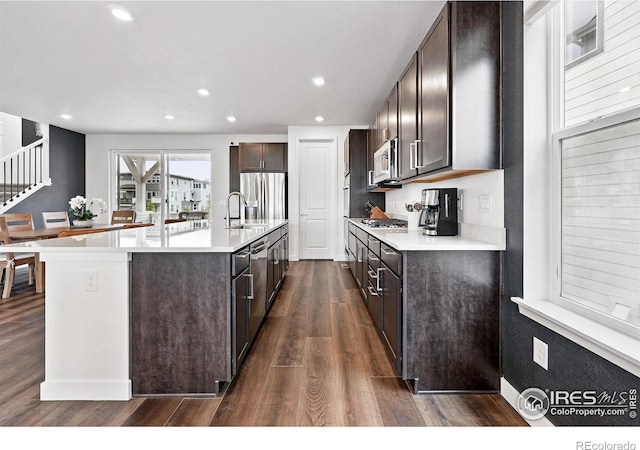 926 Hearteye Trl, Lafayette, CO 80026 - kitchen featuring appliances with stainless steel finishes, a sink, dark brown cabinets, dark wood-style flooring, and light countertops