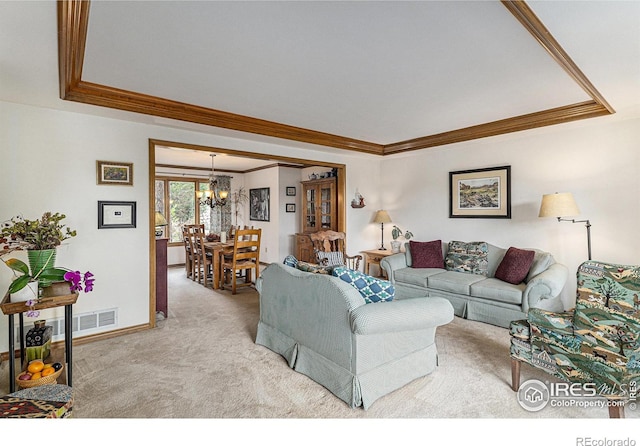 3441 W Dartmouth Ave, Denver, CO 80236 - living area featuring a tray ceiling, ornamental molding, a chandelier, carpet, and baseboards
