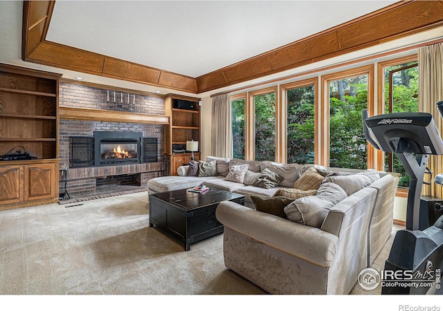 3441 W Dartmouth Ave, Denver, CO 80236 - living area with carpet floors, a fireplace, and built in shelves