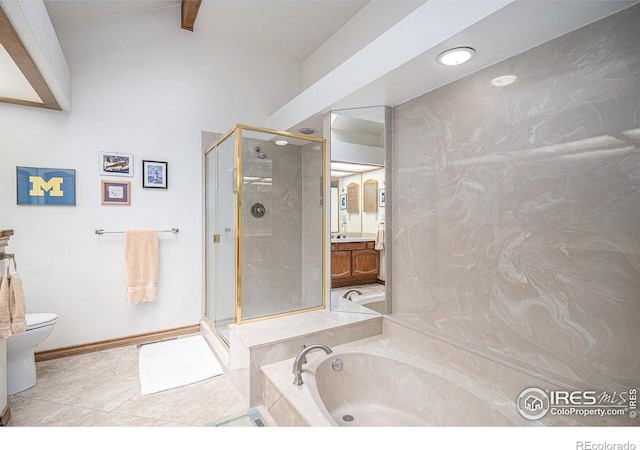 3441 W Dartmouth Ave, Denver, CO 80236 - full bathroom with a bath, a stall shower, toilet, vanity, and baseboards