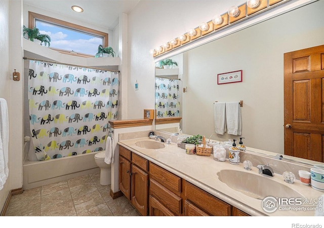 3441 W Dartmouth Ave, Denver, CO 80236 - full bath with toilet, double vanity, and shower / bath combination with curtain