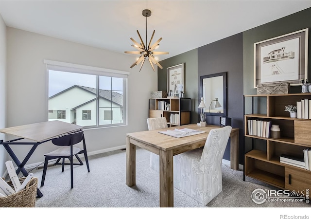 945 Abbott Ln Unit 5, Fort Collins, CO 80524 - dining space with carpet floors, a chandelier, a desk, and baseboards