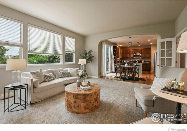 2315 Haymeadow Way, Fort Collins, CO 80525 - living room featuring arched walkways, carpet, healthy amount of natural light, baseboards, and recessed lighting