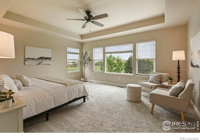 2315 Haymeadow Way, Fort Collins, CO 80525 - carpeted bedroom with a tray ceiling, baseboards, and ceiling fan