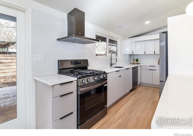 2435 S Meade St, Denver, CO 80219 - kitchen featuring exhaust hood, stainless steel appliances, a sink, light wood finished floors, and plenty of natural light