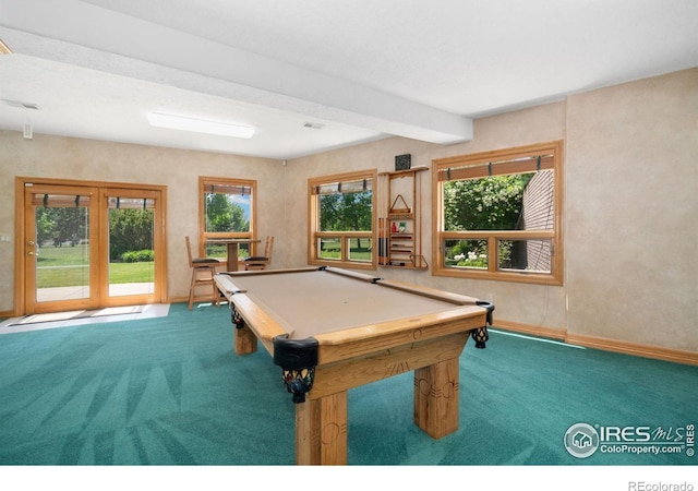 6239 Ashcroft Rd, Greeley, CO 80634 - playroom with carpet flooring, beamed ceiling, billiards, baseboards, and french doors