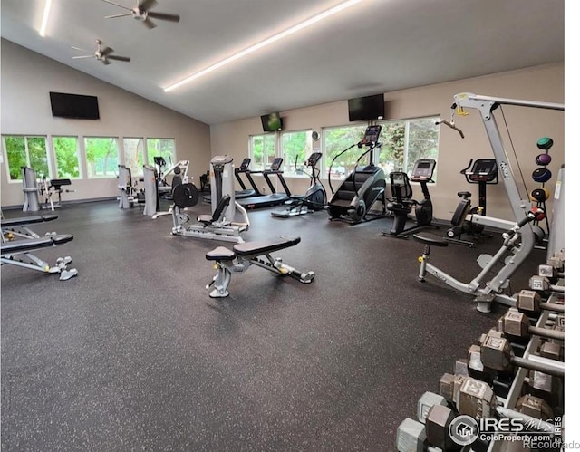 2802 Sundown Ln Unit 102, Boulder, CO 80303 - exercise room with a ceiling fan and lofted ceiling
