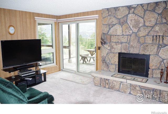 730 Spring St, Estes Park, CO 80517 - carpeted living room featuring wood walls and a fireplace