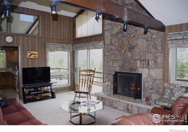 730 Spring St, Estes Park, CO 80517 - living area with lofted ceiling, carpet, wood walls, and a stone fireplace