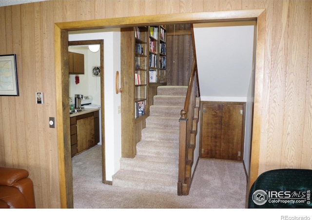 730 Spring St, Estes Park, CO 80517 - stairway featuring wooden walls and carpet flooring