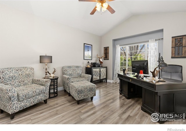 9930 Cascade St, Firestone, CO 80504 - office area with a ceiling fan, vaulted ceiling, light wood-type flooring, and baseboards