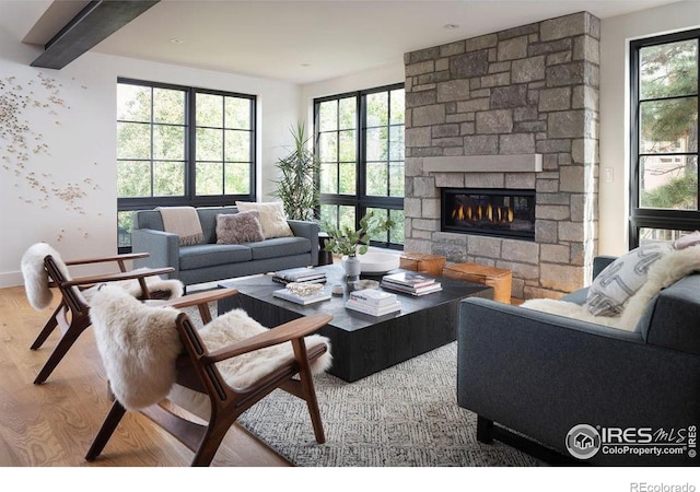 2828 4th St, Boulder, CO 80304 - living area featuring wood finished floors, a stone fireplace, and baseboards