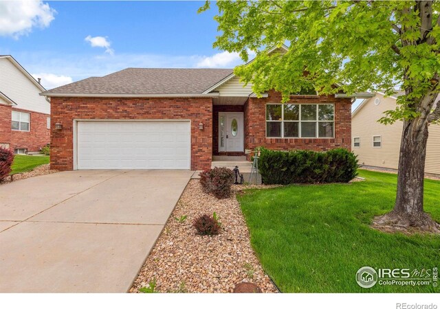 6911 W 22nd St, Greeley, CO 80634 - view of front facade with a front yard, an attached garage, driveway, brick siding, and a shingled roof