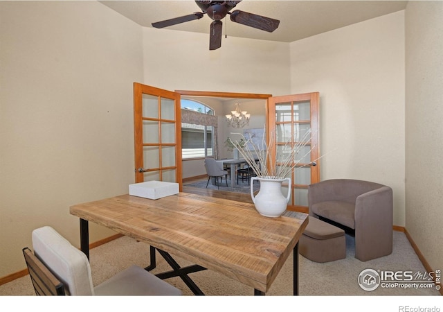 6787 Spanish Bay Dr, Windsor, CO 80550 - home office featuring a chandelier, baseboards, ceiling fan, and carpet floors