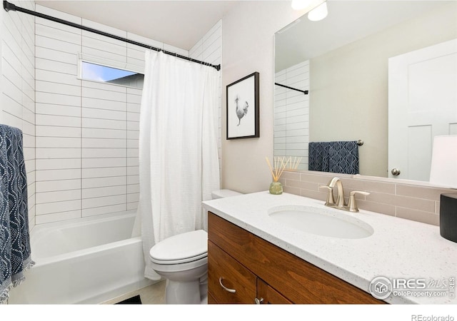 7025 Meadow Rain Way, Wellington, CO 80549 - full bath featuring vanity, toilet, shower / bath combo, and decorative backsplash