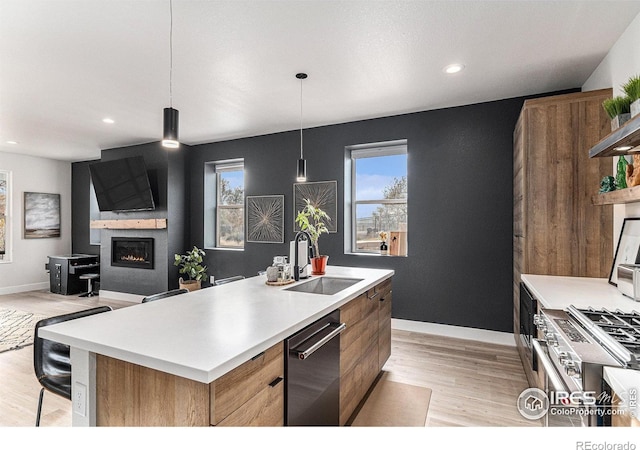 3580 W 62nd Pl, Denver, CO 80221 - kitchen with dishwasher, a sink, light wood-style floors, brown cabinets, and a fireplace