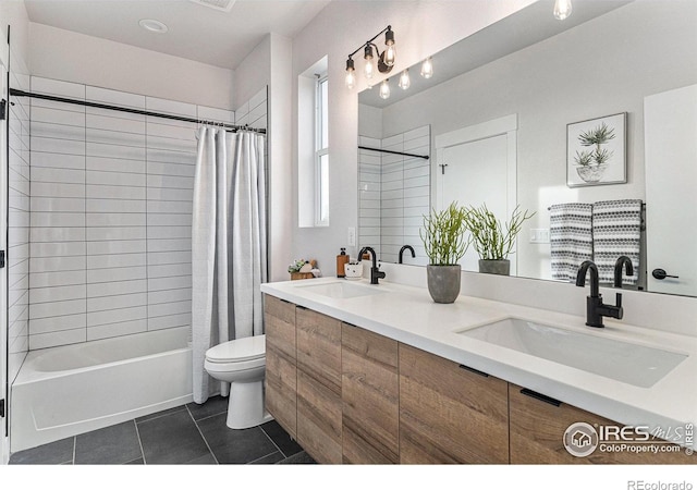 3580 W 62nd Pl, Denver, CO 80221 - full bathroom featuring double vanity, tile patterned floors, toilet, and shower / bathtub combination with curtain