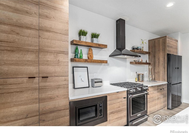 3580 W 62nd Pl, Denver, CO 80221 - kitchen with open shelves, wall chimney exhaust hood, stainless steel appliances, modern cabinets, and light countertops