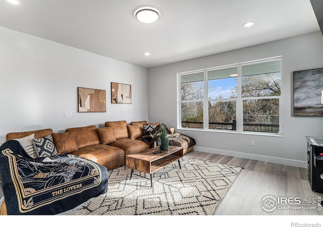 3580 W 62nd Pl, Denver, CO 80221 - living area featuring wood finished floors, baseboards, and recessed lighting