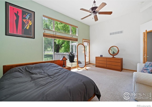 140 Camino Real Ft, Collins, CO 80524 - bedroom featuring carpet, a towering ceiling, baseboards, and ceiling fan