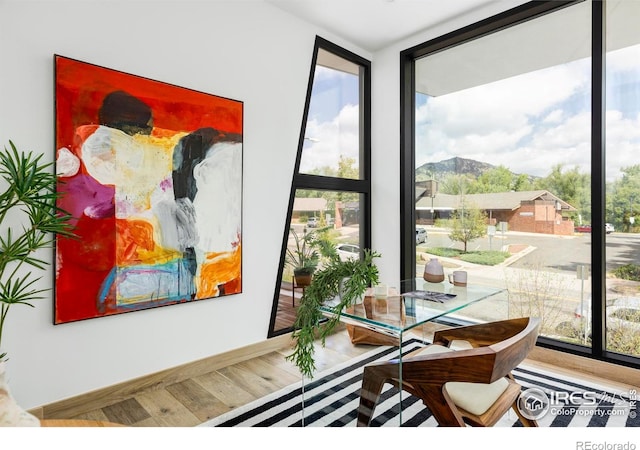 944 Arapahoe Ave Unit A, Boulder, CO 80302 - office featuring wood finished floors, expansive windows, baseboards, and a mountain view