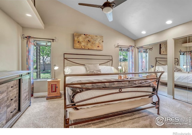 3345 15th St, Boulder, CO 80304 - bedroom with light carpet, vaulted ceiling, baseboards, recessed lighting, and a ceiling fan