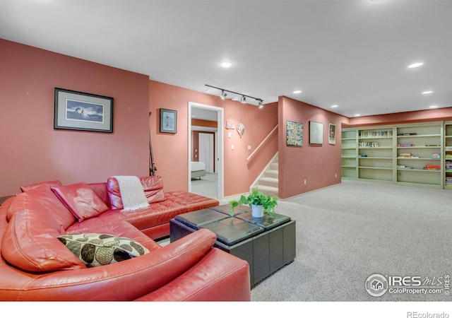 3345 15th St, Boulder, CO 80304 - carpeted living area with stairway, recessed lighting, rail lighting, and baseboards