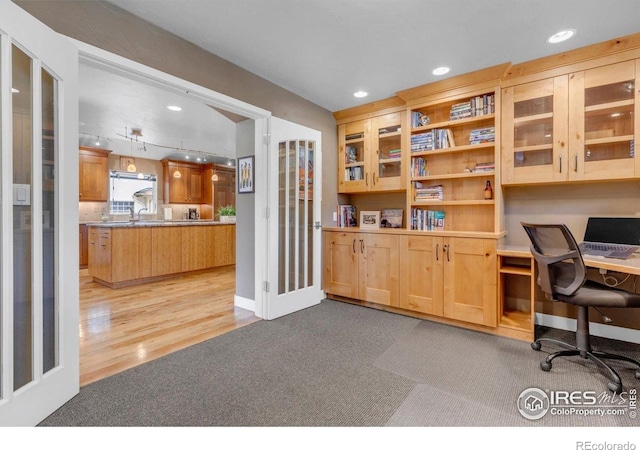 3345 15th St, Boulder, CO 80304 - office space with recessed lighting, light colored carpet, light wood-type flooring, and built in desk