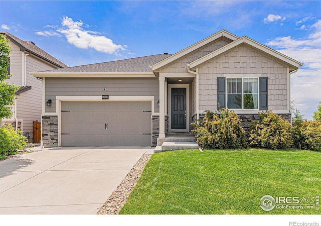 6253 Black Mesa Rd, Frederick, CO 80516 - ranch-style home featuring stone siding, driveway, a front lawn, and a garage