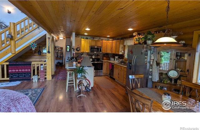 311 Chiricahua Cir, Red Feather Lakes, CO 80545 - kitchen with stainless steel appliances, wood ceiling, hanging light fixtures, wood finished floors, and recessed lighting