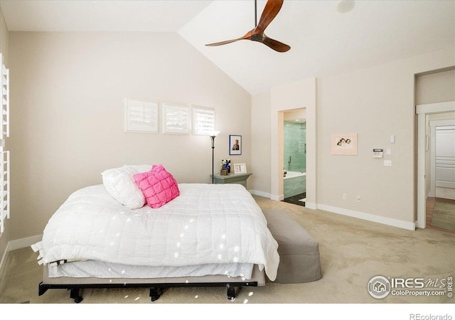 2758 Meadow Mountain Trl, Lafayette, CO 80026 - bedroom with light colored carpet, vaulted ceiling, baseboards, ensuite bathroom, and ceiling fan