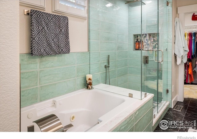 2758 Meadow Mountain Trl, Lafayette, CO 80026 - full bath featuring a shower stall, a whirlpool tub, and marble finish flooring