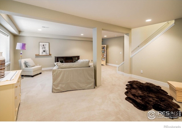 2758 Meadow Mountain Trl, Lafayette, CO 80026 - living room with light carpet, recessed lighting, stairway, and baseboards