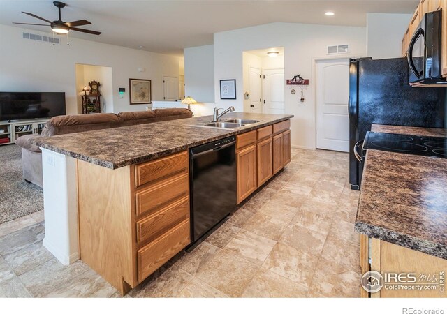 944 Maplebrook Dr, Windsor, CO 80550 - kitchen featuring black appliances, a sink, dark countertops, a ceiling fan, and vaulted ceiling