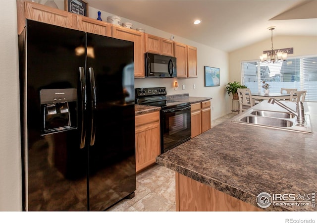 944 Maplebrook Dr, Windsor, CO 80550 - kitchen with black appliances, a sink, vaulted ceiling, a chandelier, and dark countertops