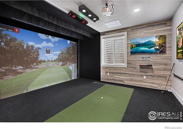 7427 Couples Ct, Fort Collins, CO 80528 - recreation room with golf simulator, carpet flooring, recessed lighting, and wood walls