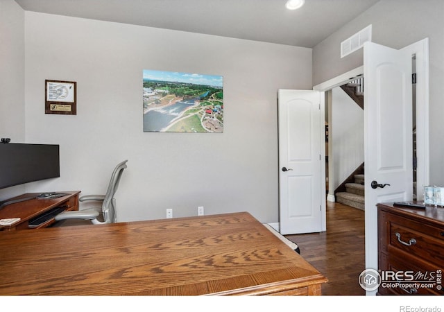 7427 Couples Ct, Fort Collins, CO 80528 - office featuring dark wood-style flooring and recessed lighting
