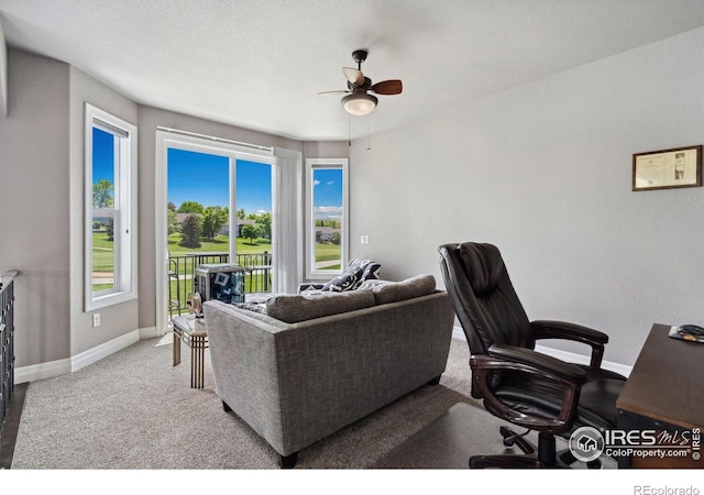 7427 Couples Ct, Fort Collins, CO 80528 - living room with a ceiling fan, baseboards, a desk, and carpet