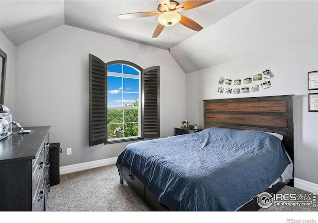 7427 Couples Ct, Fort Collins, CO 80528 - bedroom featuring vaulted ceiling, baseboards, carpet, and a ceiling fan