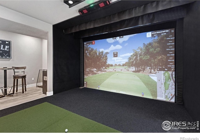 7427 Couples Ct, Fort Collins, CO 80528 - recreation room featuring golf simulator, baseboards, wood finished floors, and carpet